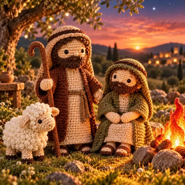 Bergers au coin du feu en amigurumi