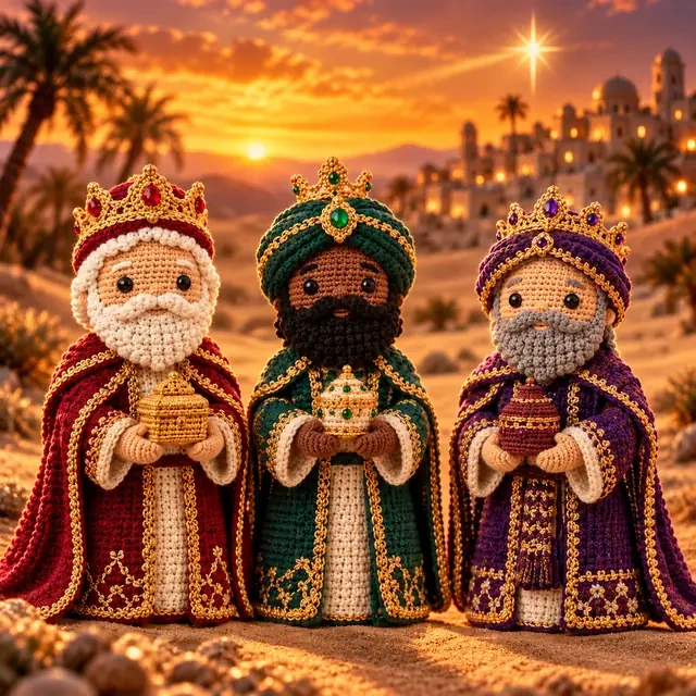 Trois Rois dans le désert en amigurumi